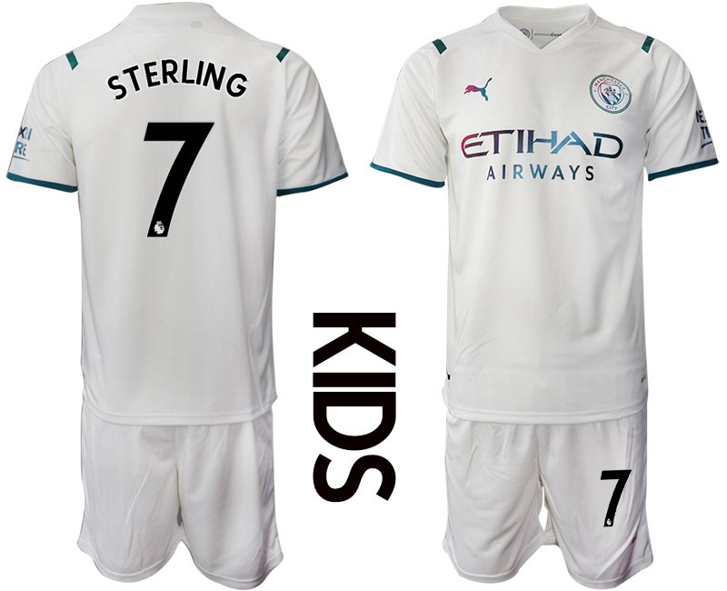 Kindertrikot Manchester City 2021/22 Auswärtstrikot weiß für Kinder Mit Sterling 7 Aufdruck