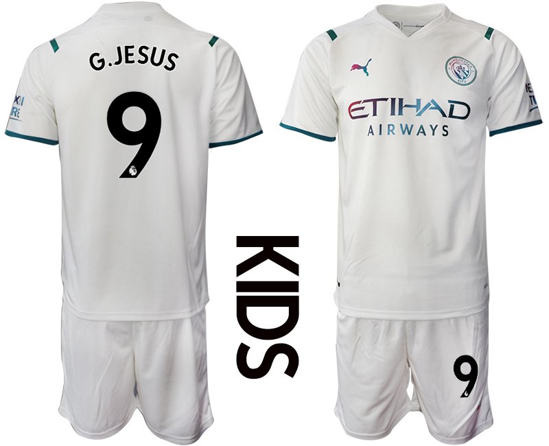 Manchester City 2021/22 Auswärtstrikot weiß für Kinder Mit G.Jesus 9 Aufdruck
