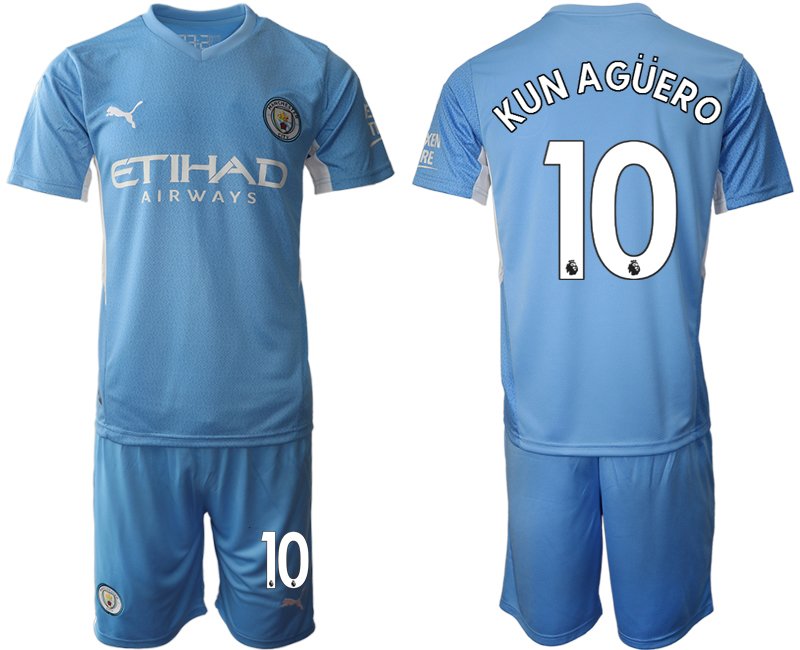 Manchester City 2021/22 Heimtrikot hellblau/weiß Kurzarm + Kurze Hosen Kun Agüero 10