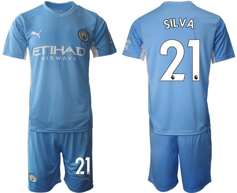 Manchester City 2021/22 Heimtrikot hellblau/weiß Kurzarm + Kurze Hosen SILVA 21