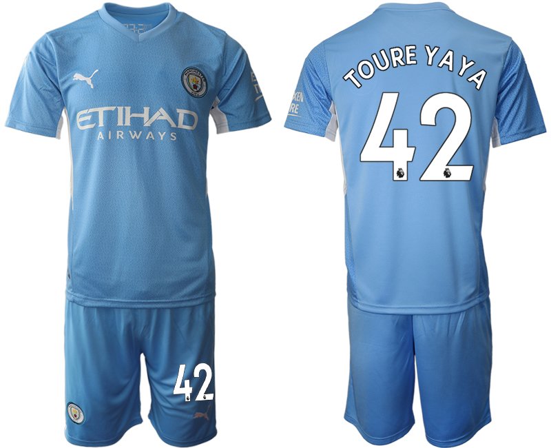 Manchester City 2021/22 Heimtrikot hellblau/weiß Kurzarm + Kurze Hosen TOURE YAYA 42