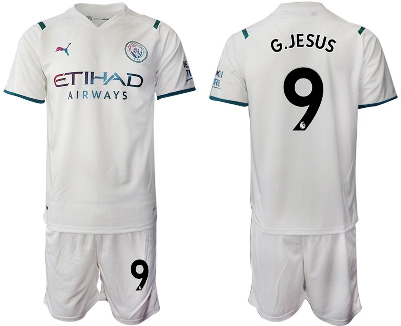 Manchester City Auswärtstrikot 2021-22 weiß/hellblau mit Aufdruck G.Jesus 9