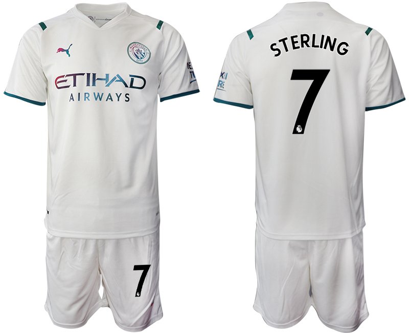 Manchester City Auswärtstrikot 2021-22 weiß/hellblau mit Aufdruck Sterling 7