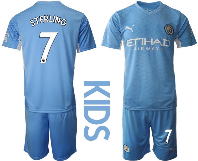 Manchester City Heimtrikot 21/22 Für Kinder hellblau/weiß mit Aufdruck Sterling 7