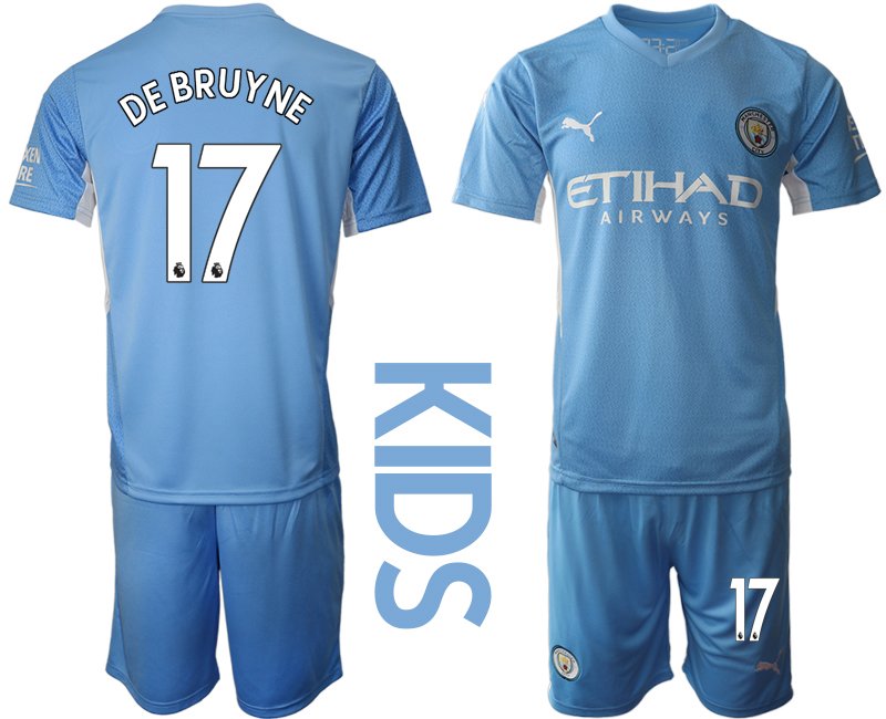 Manchester City Kinder Heim Trikot 2021/22 hellblau/weiß mit Aufdruck De Bruyne 17