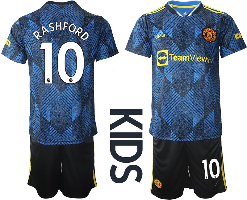 Manchester United Ausweichtrikot blau 2021-22 für Kinder mit Aufdruck Rashford 10