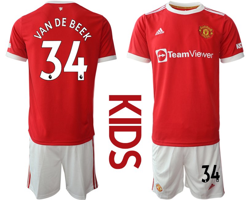 Manchester United Cup Heimtrikot 2021-22 für Kinder in rot mit Aufdruck VAN DE BEEK 34