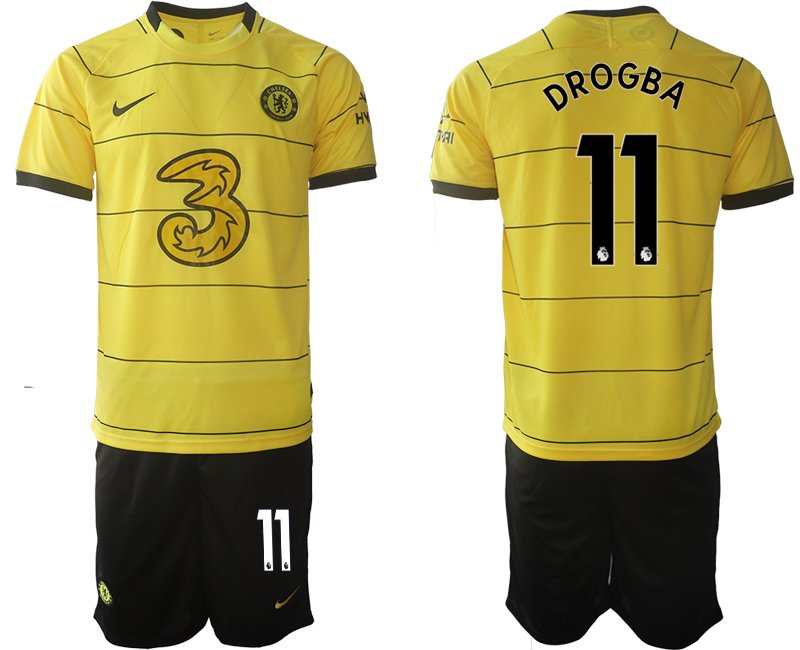 Personalisierbar Trikotsatz Chelsea FC 2021/2022 Auswärtstrikot gelb/schwarz Drogba 11