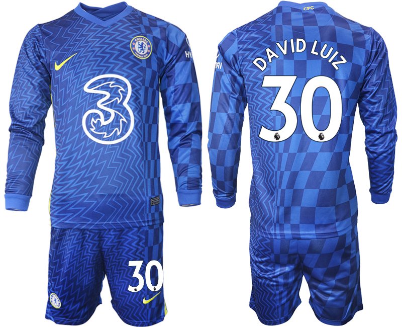 Personalisierbar Trikotsatz Chelsea FC Heimtrikot 2021/22 blau Langarm David Luiz 30