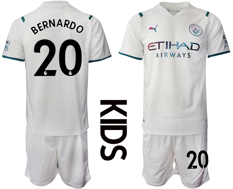 Trikotsatz Manchester City Auswärtstrikot 2021/22 für Kinder Mit Bernardo 20 Aufdruck