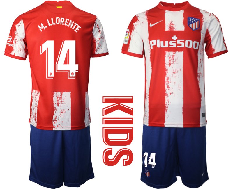 Atlético de Madrid Heimtrikot in rot 2021/2022 für Kinder mit Aufdruck M.Llorente 14