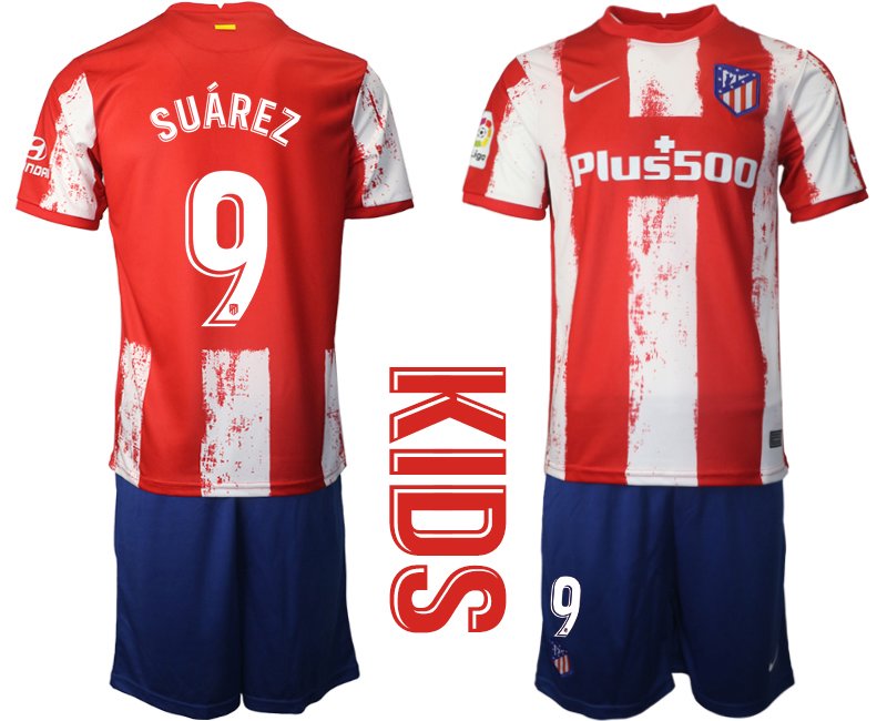 Atlético de Madrid Heimtrikot in rot 2021/2022 für Kinder mit Aufdruck Suárez 9