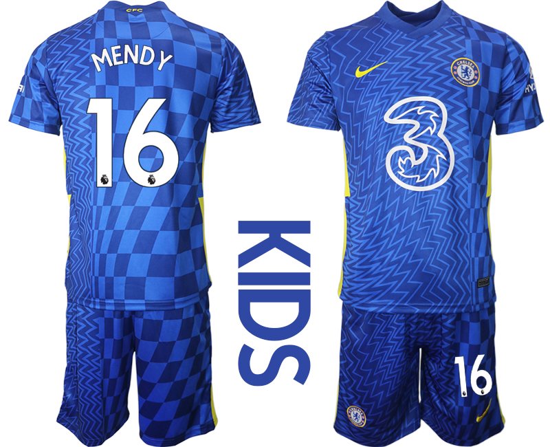Chelsea FC Stadium 2021/22 Home Shirt Kinder blau gelb mit Aufdruck Mendy 16