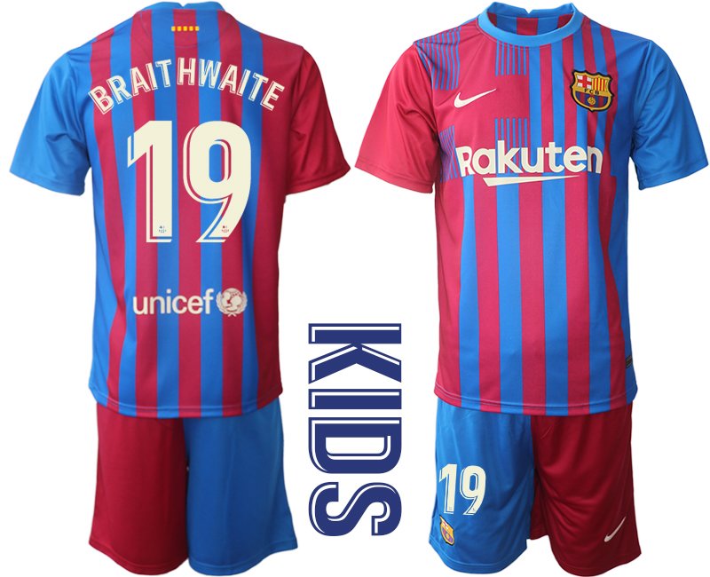 FC Barcelona 2021-22 Kinder Heimtrikot Blau Rot mit Aufdruck Braithwaite 19