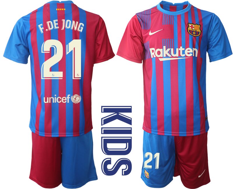 FC Barcelona 2021-22 Kinder Heimtrikot Blau Rot mit Aufdruck F.DE JONG 21