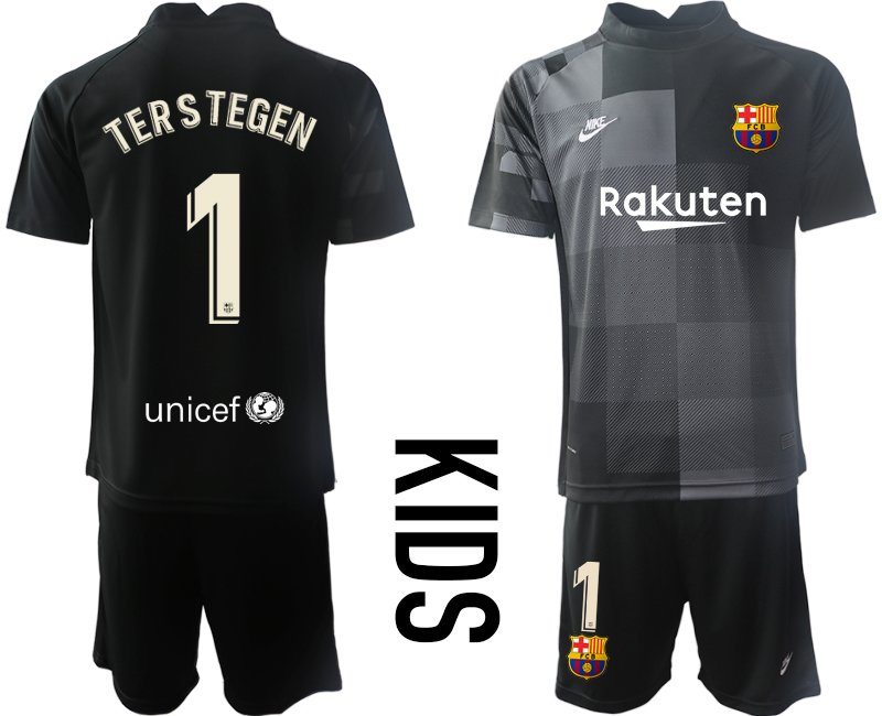 FC Barcelona Torwarttrikot in schwarz Kinder Trikotsatz Kurzarm + Kurze Hosen Ter Stegen 1