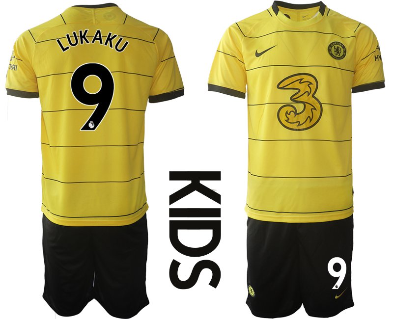 FC Chelsea 2021/22 Stadium Auswärtstrikot in gelb für Kinder mit Aufdruck LUKAKU 9