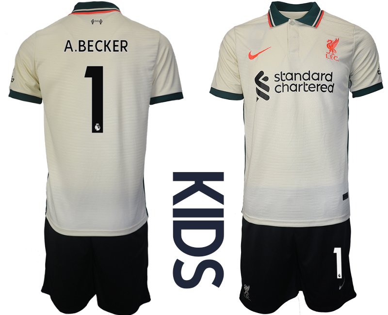 FC Liverpool Stadion Auswärtstrikot Beige 2021-22 für Kinder mit Aufdruck A.BECKER 1