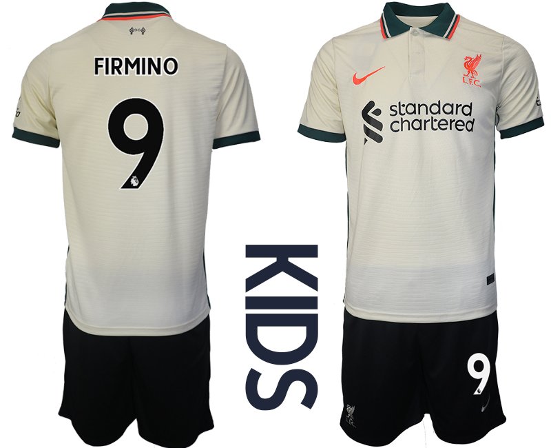 FC Liverpool Stadion Auswärtstrikot Beige 2021-22 für Kinder mit Aufdruck FIRMINO 9