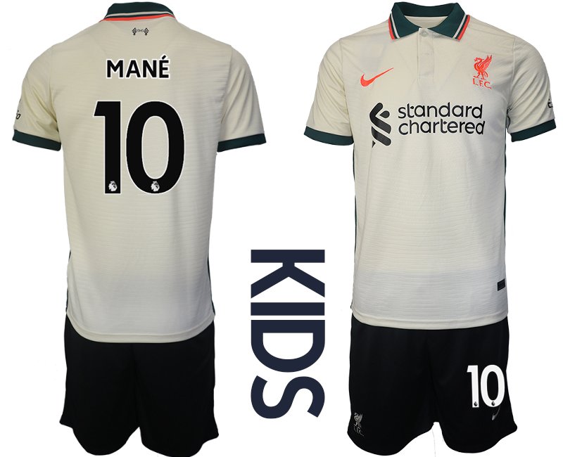 FC Liverpool Stadion Auswärtstrikot Beige 2021-22 für Kinder mit Aufdruck Mané 10