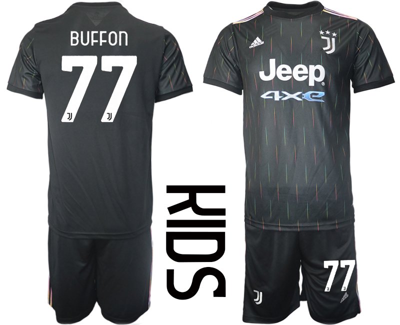 Fußball Trikotsatz Juventus Turin Auswärtstrikot 2021/22 Kinder schwarz mit Aufdruck Buffon 77