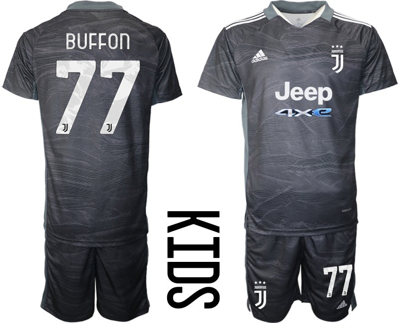 Günstige Kindertrikot Juventus Turin Torwarttrikot schwarz mit Aufdruck Buffon 77