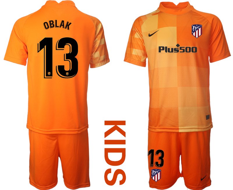 Kinder Atlético Madrid Torwart Trikot Orange Trikotsatz Kurzarm + Kurze Hosen OBLAK 13