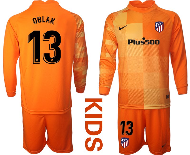 Kinder Atlético Madrid Torwarttrikot Trikotsatz Langarm in Orange mit Aufdruck OBLAK 13