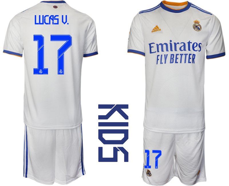 Kinder Fussballtrikot Real Madrid 2021-22 Heimtrikot weiss blau mit Aufdruck Lucas V. 17