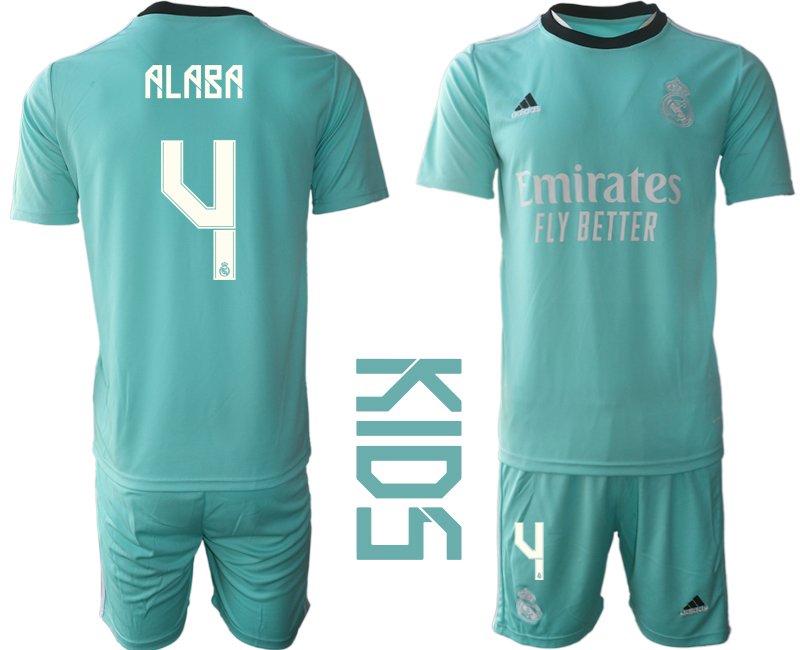 Kinder Real Madrid 2021/22 Mini Kit 3rd Trikot türkis/weiß mit Aufdruck Alaba 4