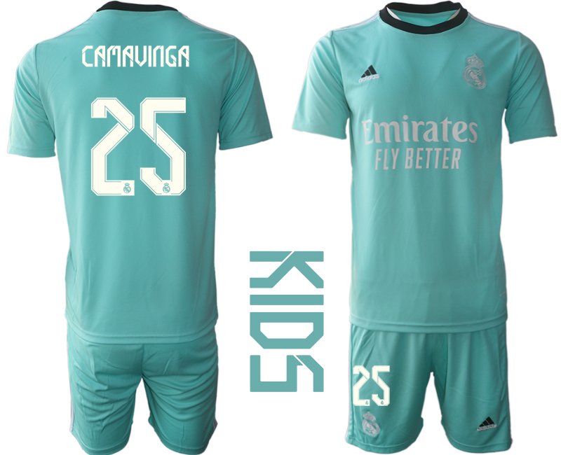 Kinder Real Madrid 2021/22 Mini Kit 3rd Trikot türkis/weiß mit Aufdruck Camavinga 25