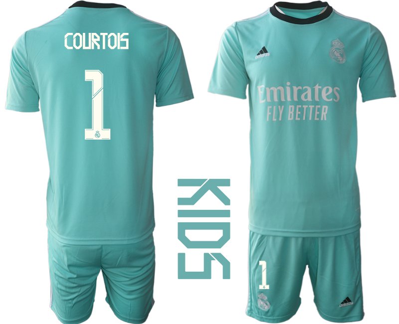 Kinder Real Madrid 2021/22 Mini Kit 3rd Trikot türkis/weiß mit Aufdruck Courtois 1