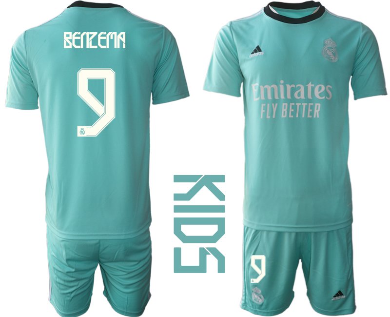 Kinder Real Madrid Ausweichtrikot 2021/22 Mini Kit türkis/weiss mit Aufdruck Benzema 9