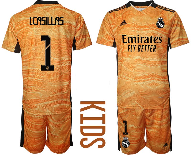 Kinder Real Madrid Torwart Trikot Set in orange mit Aufdruck I.Casillas 1