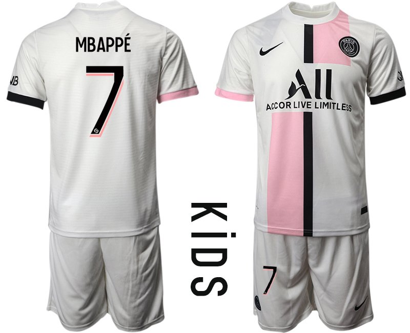 Kinder Trikot Paris Saint Germain PSG Auswärtstrikot 2021-22 weiß mit Aufdruck Mbappé 7