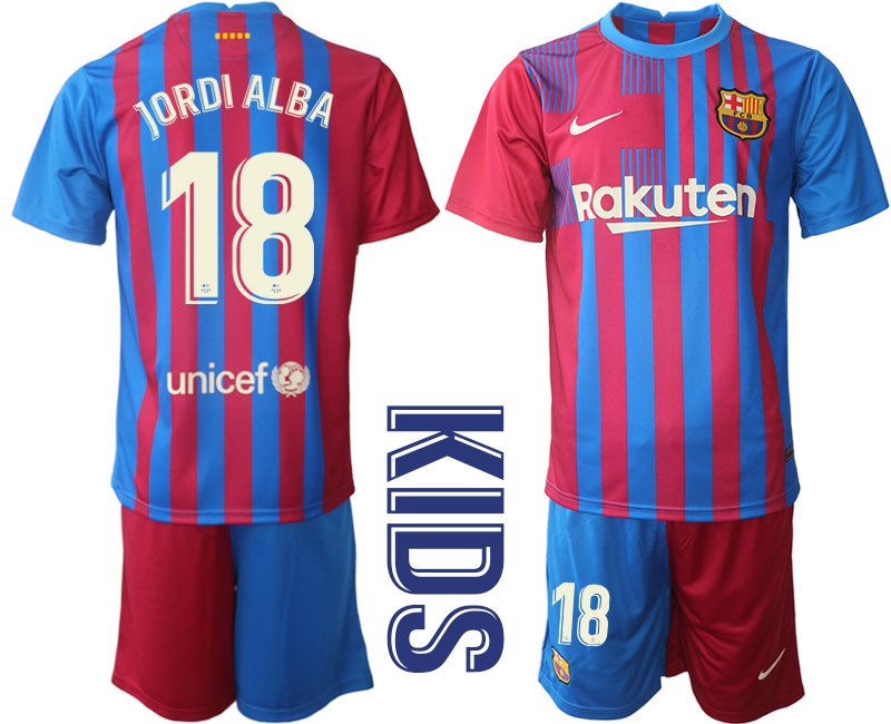 Kinderheim Trikot FC Barcelone 2021/22 Blau Rot mit Aufdruck Jordi Alba 18