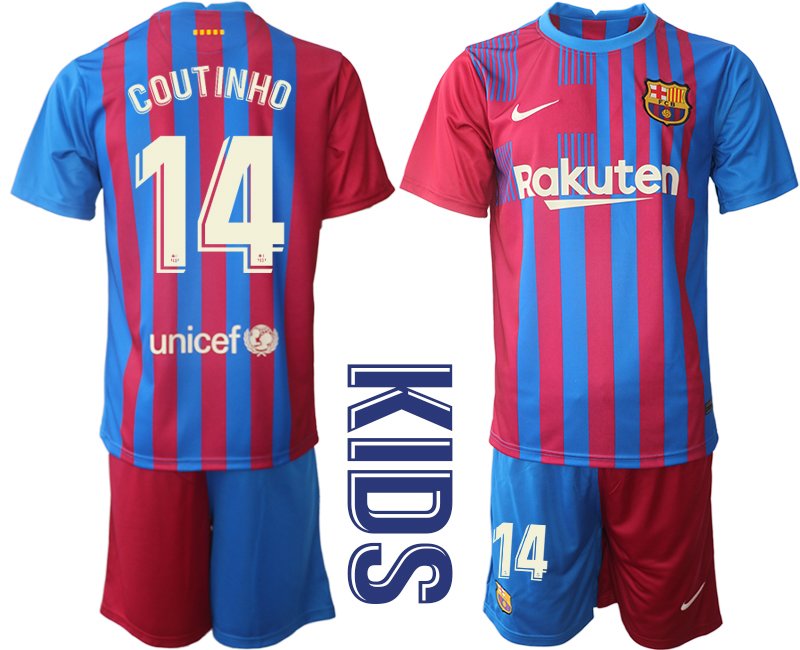 Kindertrikot FC Barcelone 2021-22 Heim Trikotsatz Blau Rot mit Aufdruck Coutinho 14