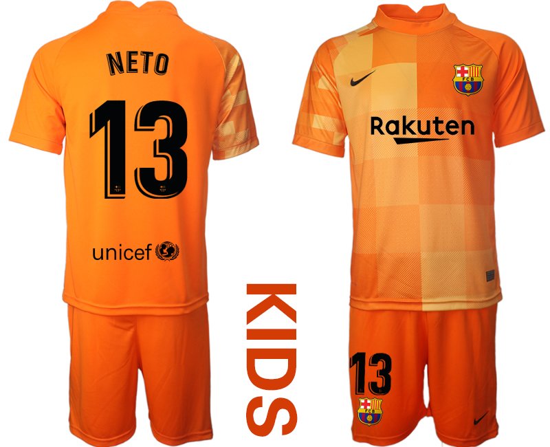 NETO 13 FC Barcelona Torwarttrikot in orange Kinder Trikotsatz Kurzarm + Kurze Hosen