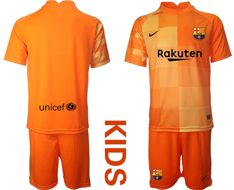 Personalisierbar FC Barcelona Torwarttrikot orange Kinder Trikotsatz Kurzarm + Kurze Hosen