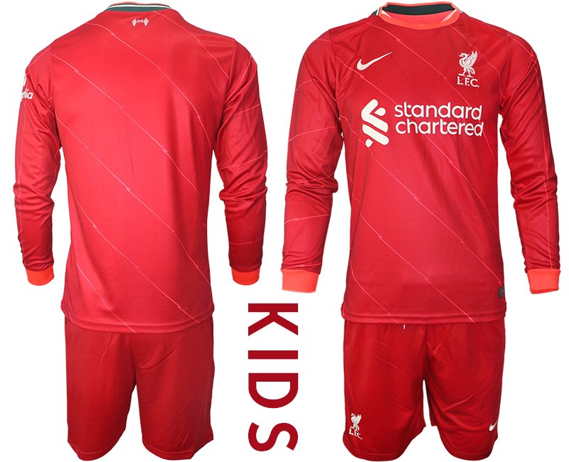 Personalisierbar FC Liverpool Heimtrikot 2021-22 Trikotsatz Langarm in rot für Kinder