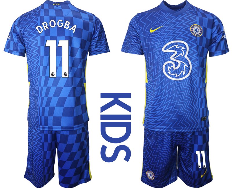 Personalisierbar Trikotsatz Chelsea FC 2021/22 Heimtrikot Kinder blau gelb mit Aufdruck Drogba 11