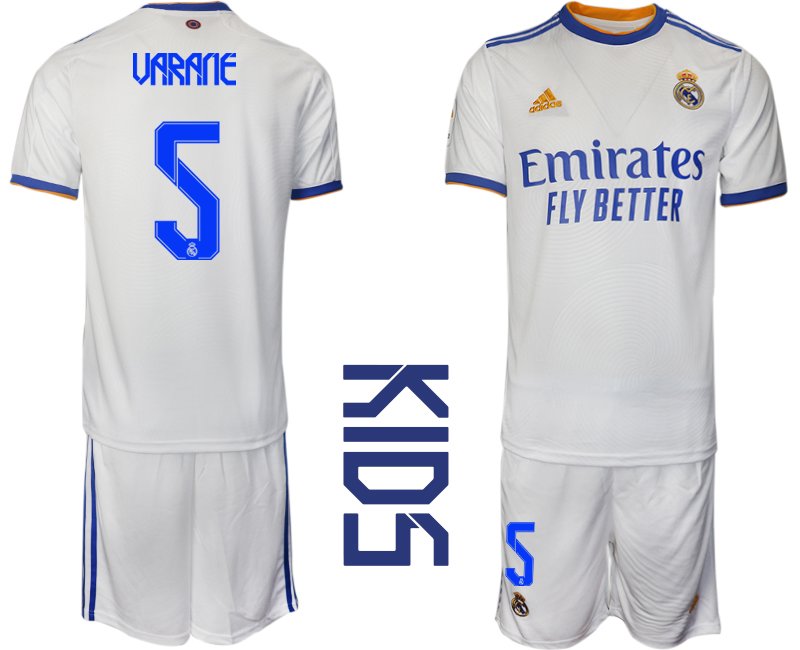 Real Madrid 2021/22 Heimtrikot Kinder Junior weiss blau mit Aufdruck Varane 5