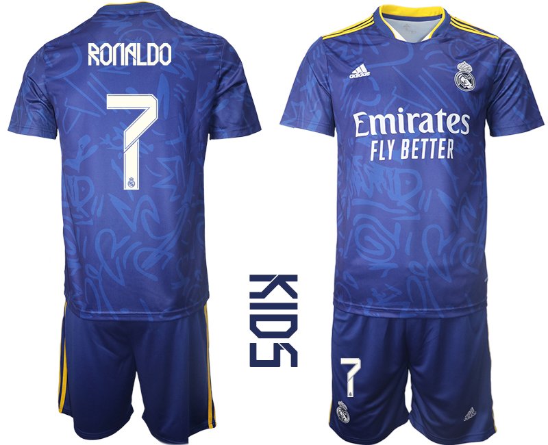 Real Madrid Auswärtstrikot Set 2021/22 Away Trikots für Kinder blau mit Aufdruck Ronaldo 7