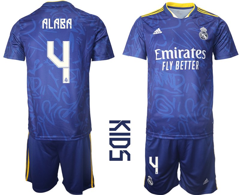 Real Madrid Auswärtstrikot Set blau 2021/22 Away Trikot für Kinder mit Aufdruck Alaba 4