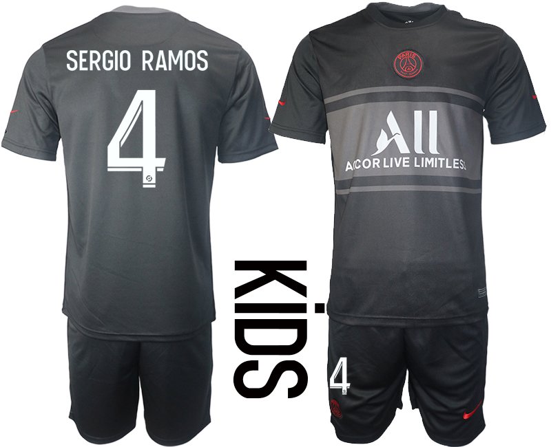 Sergio Ramos 4 Kinder Paris Saint Germain PSG Ausweichtrikot 2021-22 schwarz rot