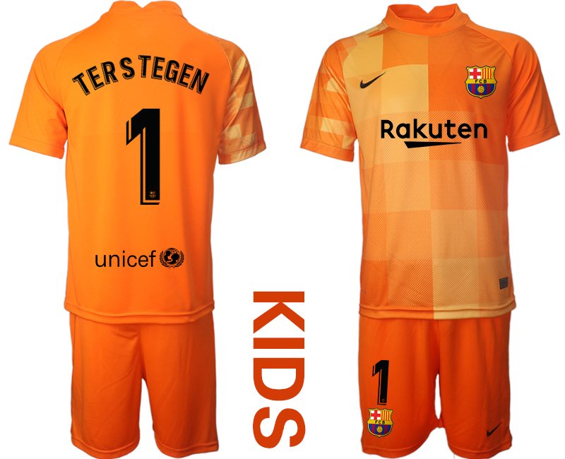 Ter Stegen 1 FC Barcelona Torwarttrikot orange Kinder Trikotsatz Kurzarm + Kurze Hosen