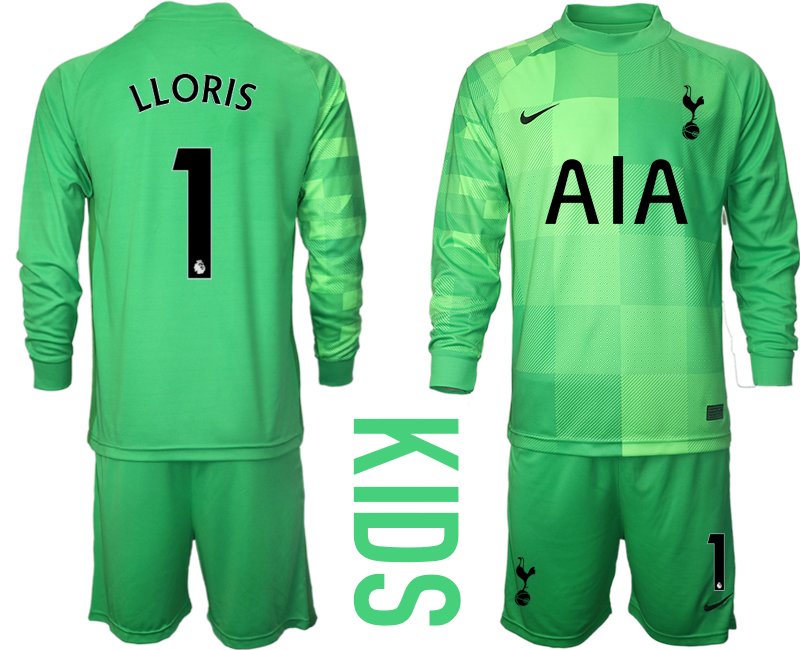 Kinder Tottenham Hotspur 2021/22 Goalkeeper Shirt grün mit Aufdruck LLORIS 1