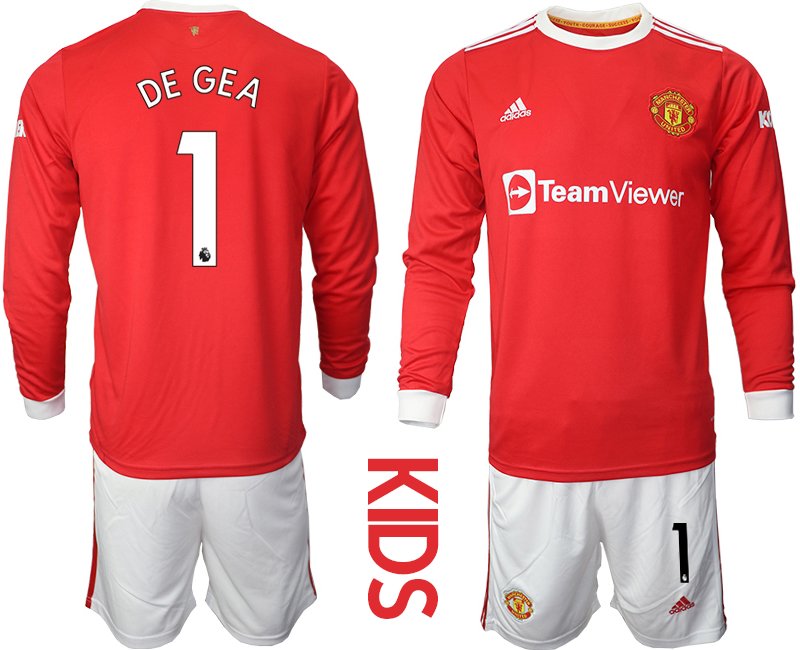 Kinder Fußballtrikots Manchester United Heimtrikot 2021-22 Langarm mit Aufdruck DE GEA 1