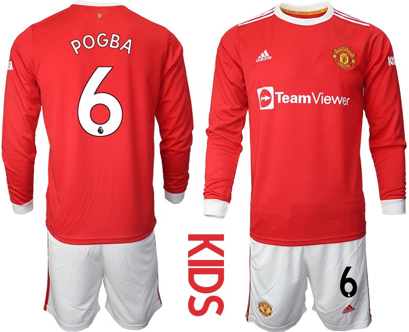 Kinder Fußballtrikots Manchester United Heimtrikot 2021-22 Langarm mit Aufdruck Pogba 6