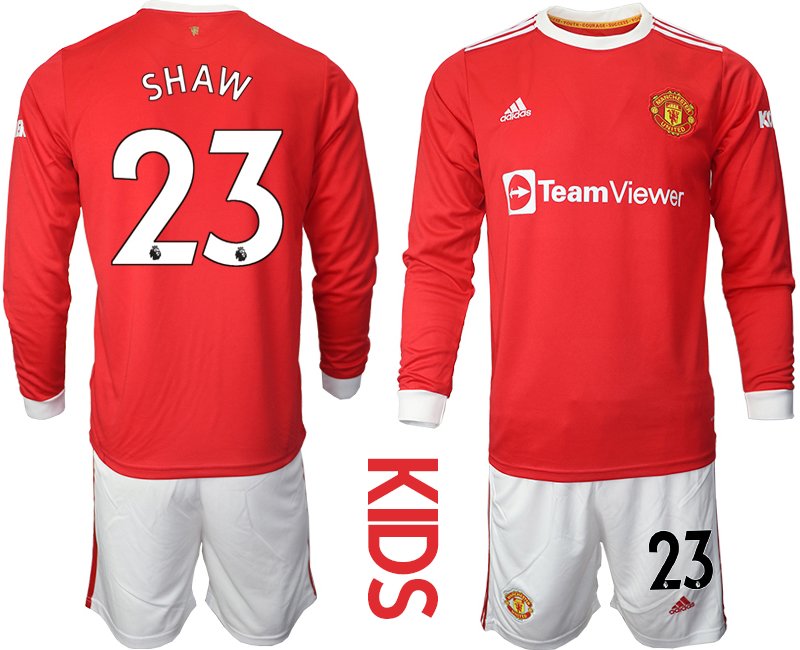 Kinder Manchester United 2021-22 Heimtrikot Trikotsatz Langarm rot mit Aufdruck SHAW 23